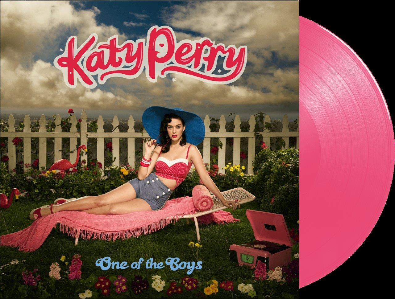 "Pink vinyl record with album cover featuring Katy Perry lounging on a pink blanket."