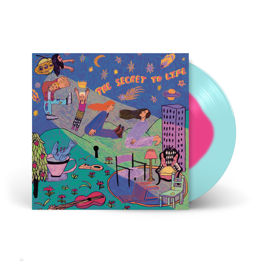 "Vinyl record sleeve with colorful illustration and pink-blue colored vinyl partially visible."