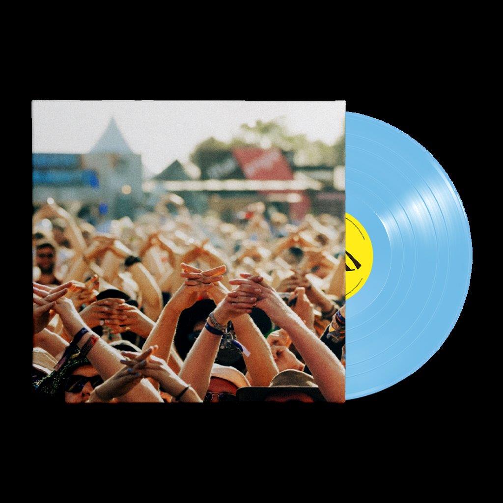 Blue vinyl record with album cover showing a crowd at a concert.
