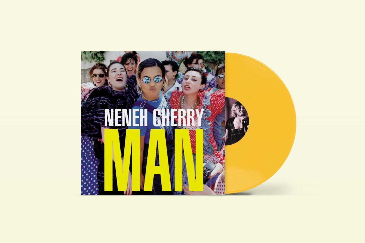 Neneh Cherry’s “Man” album cover and a yellow vinyl record.