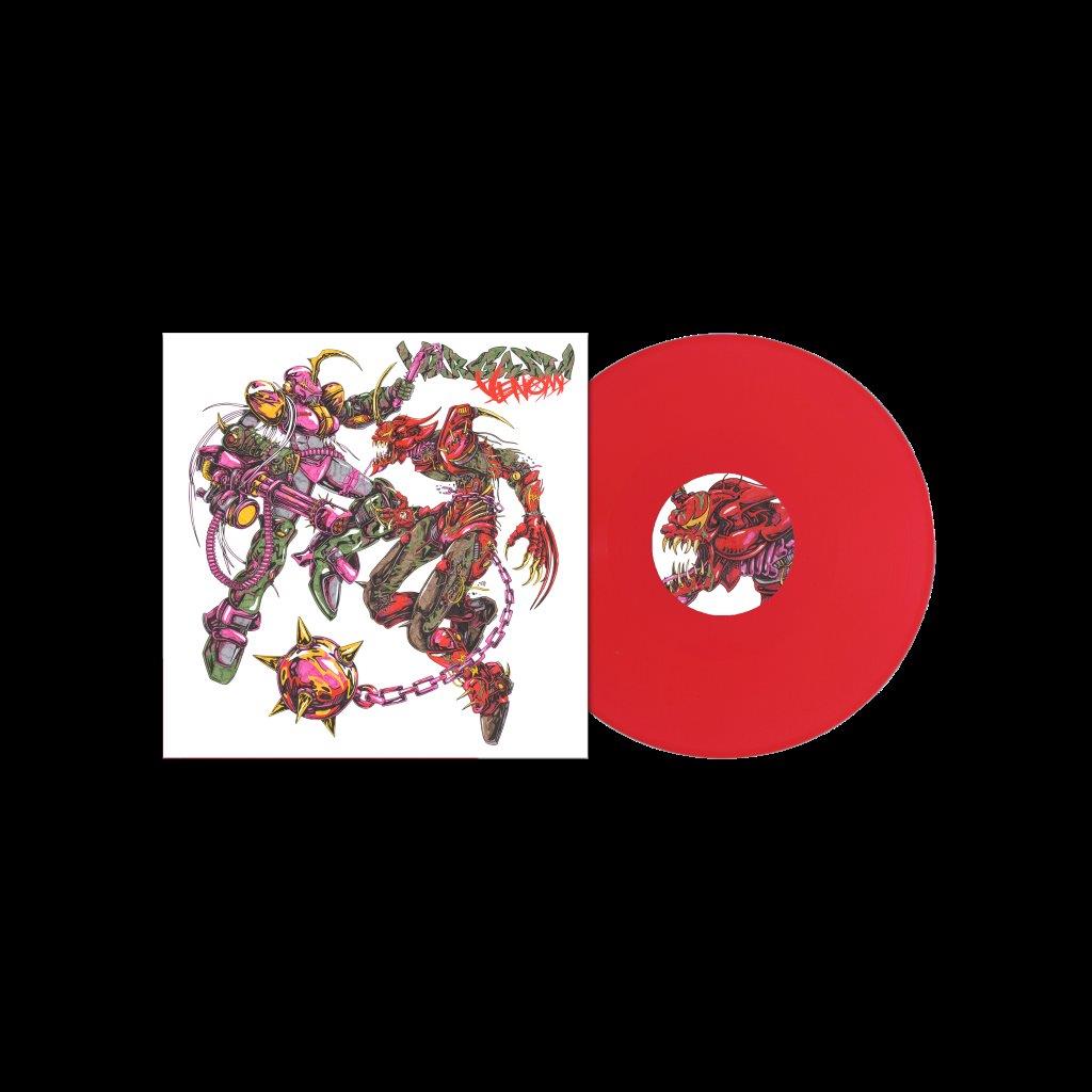 "Red vinyl record with a monster design and matching album cover artwork."