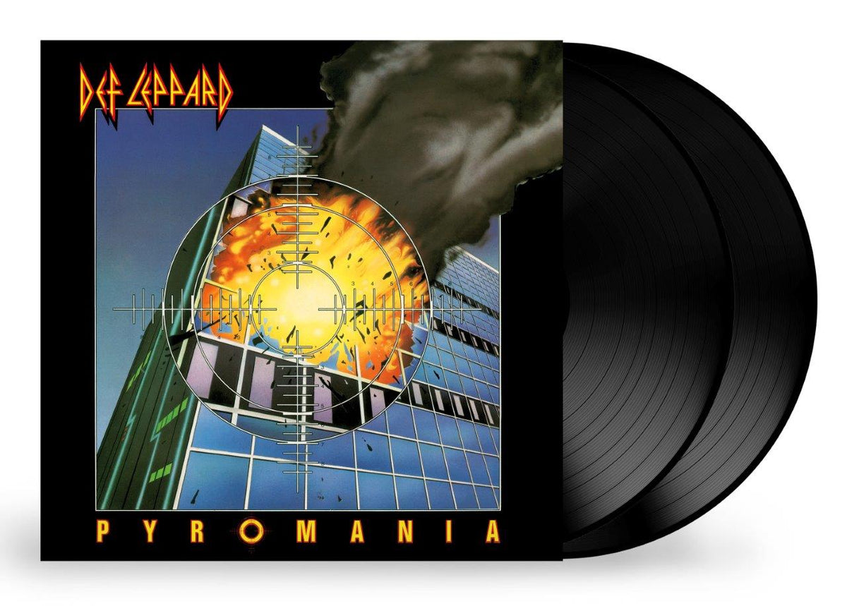Def Leppard’s “Pyromania” vinyl record with a fiery, geometric album cover.