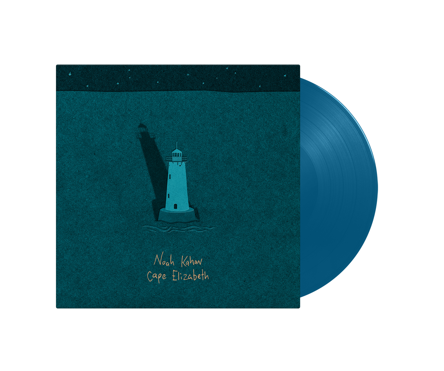 Noah Kahan’s “Cape Elizabeth” aqua vinyl record with lighthouse cover art.