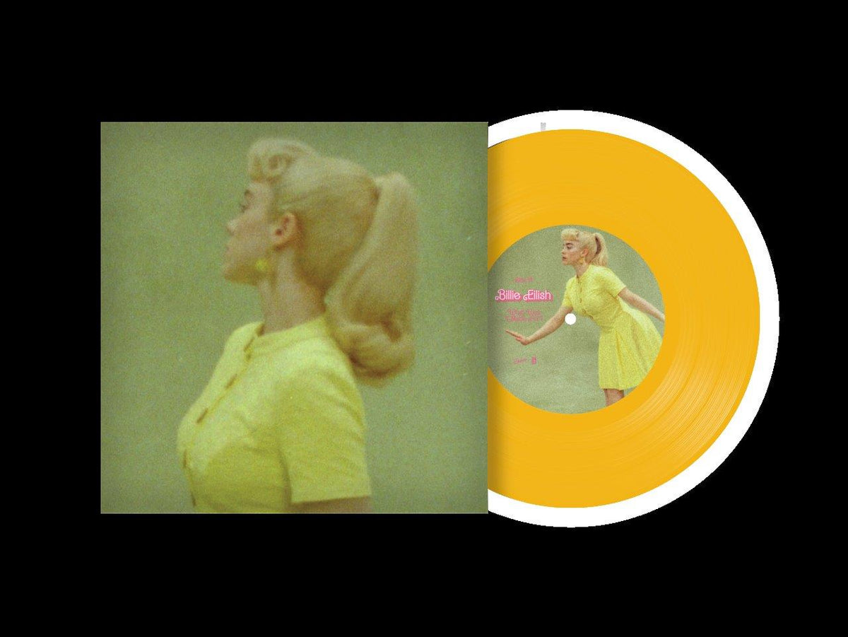 Billie Eilish vinyl record with doll-like cover art and yellow disc.