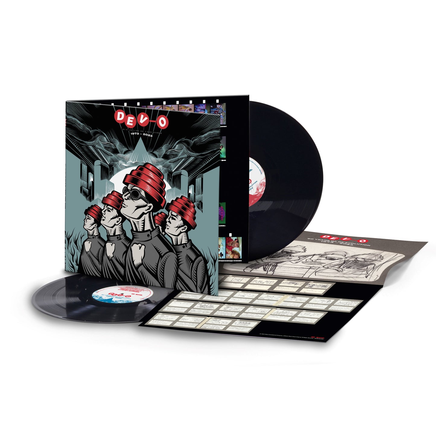 DEVO vinyl box set with album cover featuring band members in red hats.