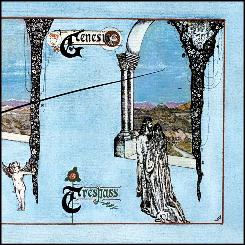 Genesis “Trespass” CD cover: figures by a pillar, ornate borders.