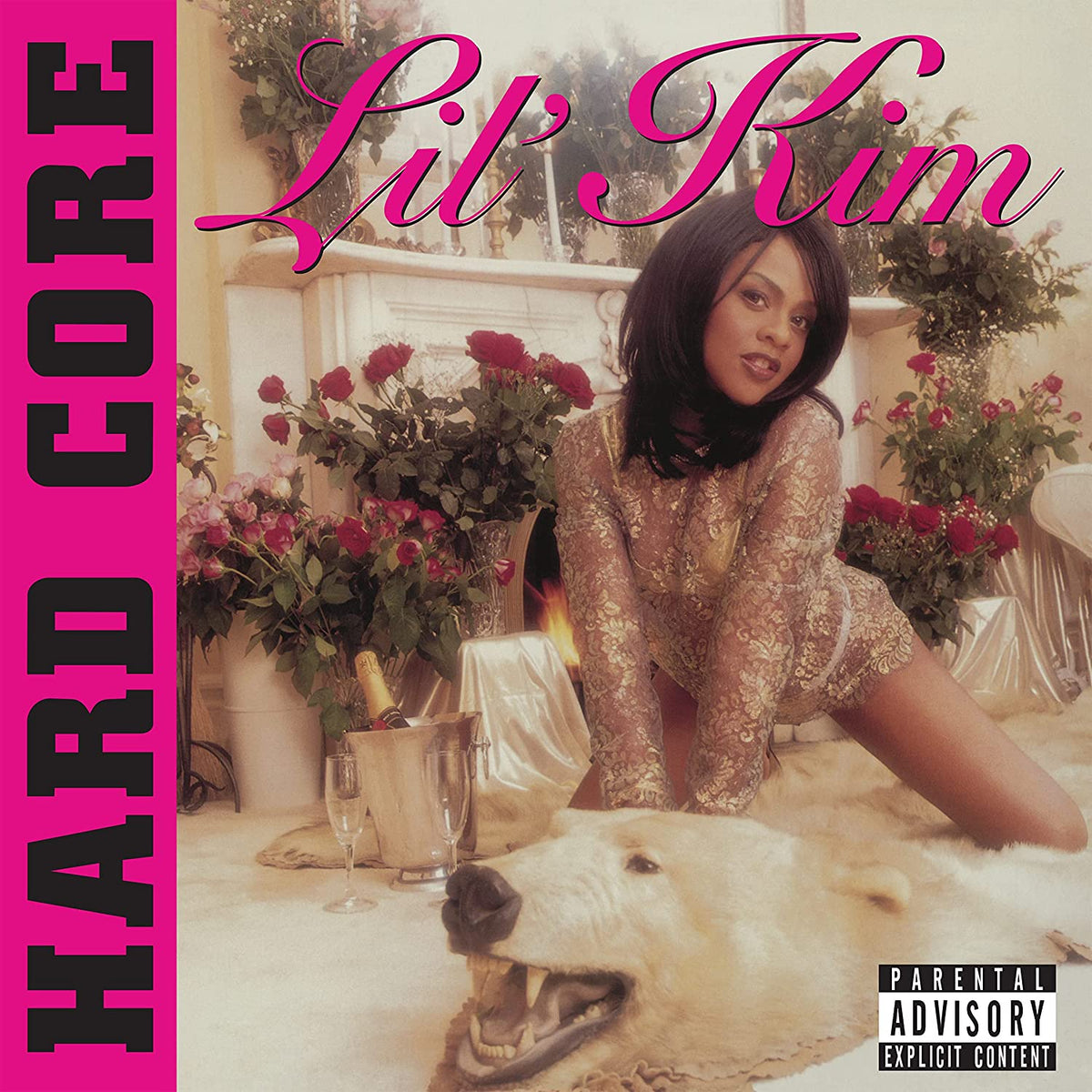 Lil' Kim's "Hardcore" album cover featuring her portrait and floral arrangements.
