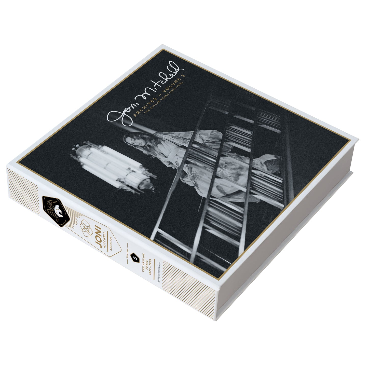 "White box with black cover featuring Joni Mitchell and text, angled on a white background."
