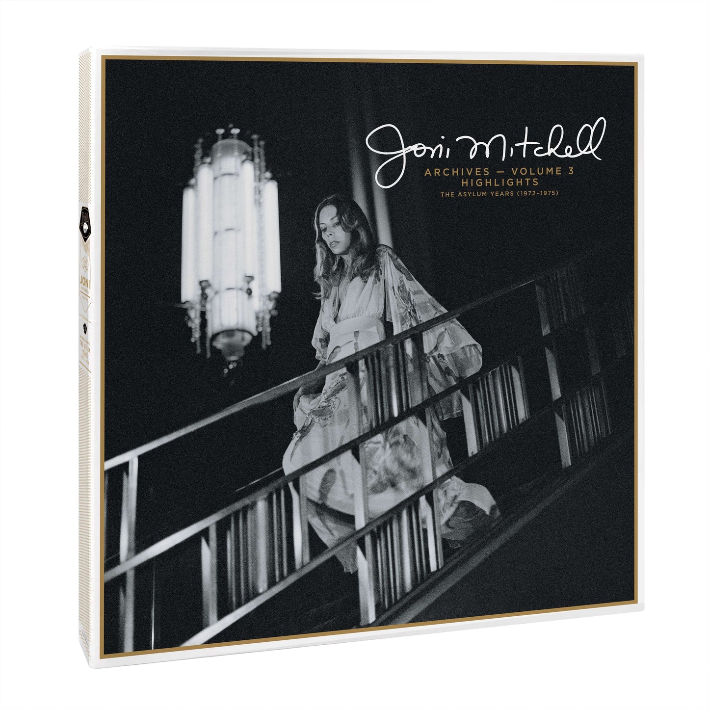 Joni Mitchell vinyl box set with black and white cover photo of Joni on staircase.