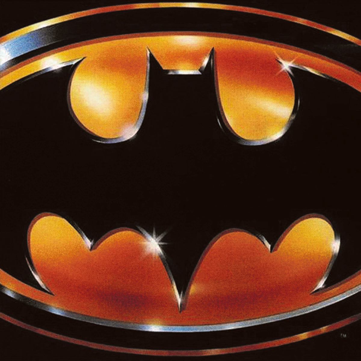 Batman logo with orange and blue highlights on a black background.