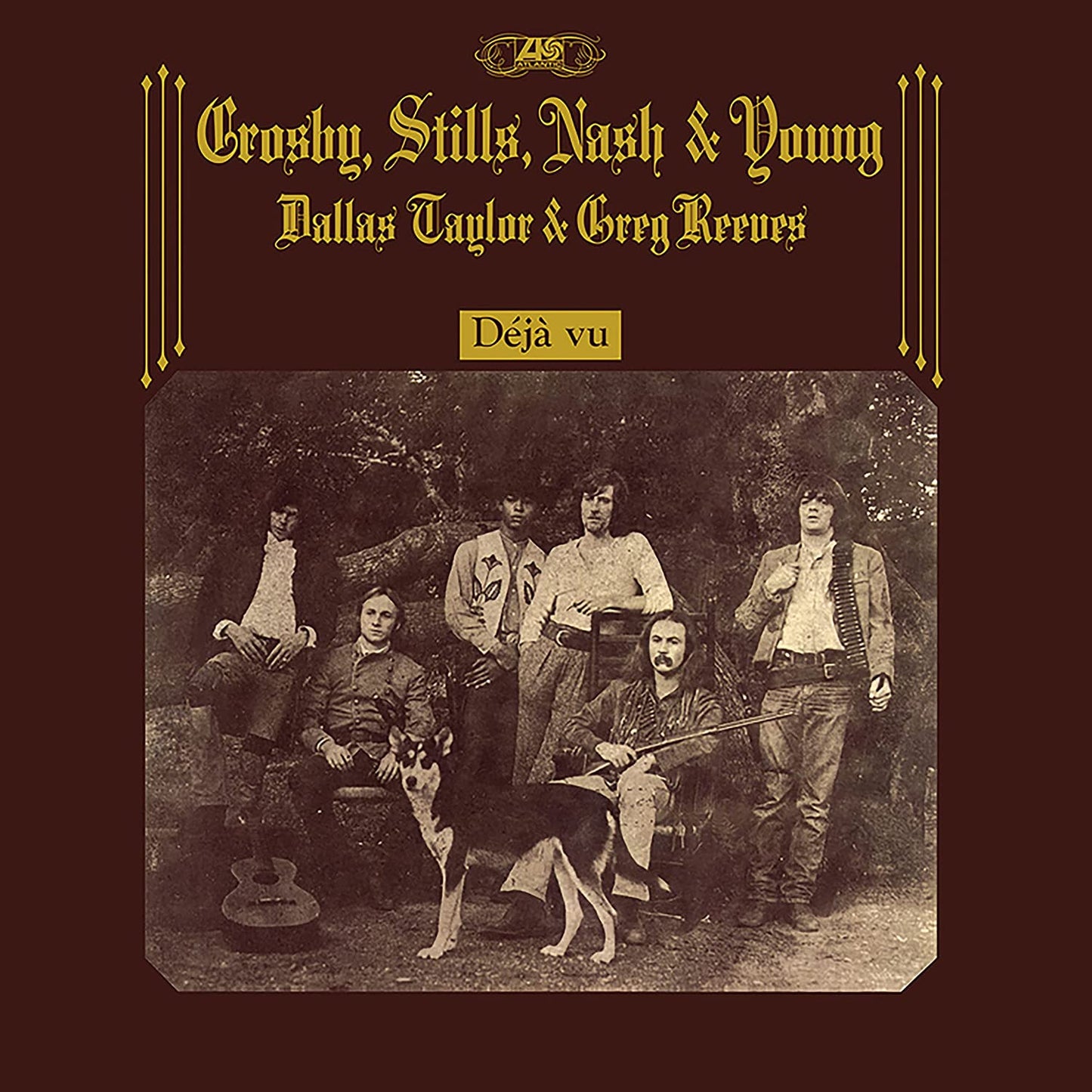 "Brown album cover with sepia-toned photo of Crosby, Stills, Nash & Young and two other men."