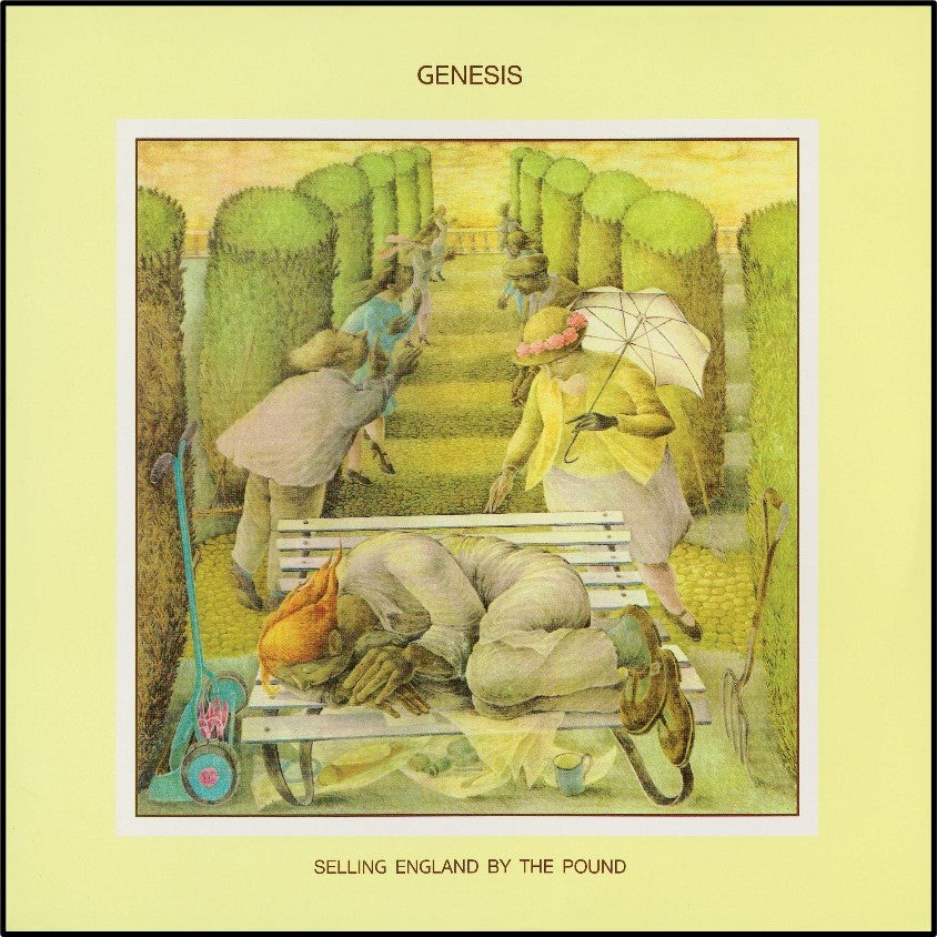 Genesis album cover: people in a formal garden, painted style.