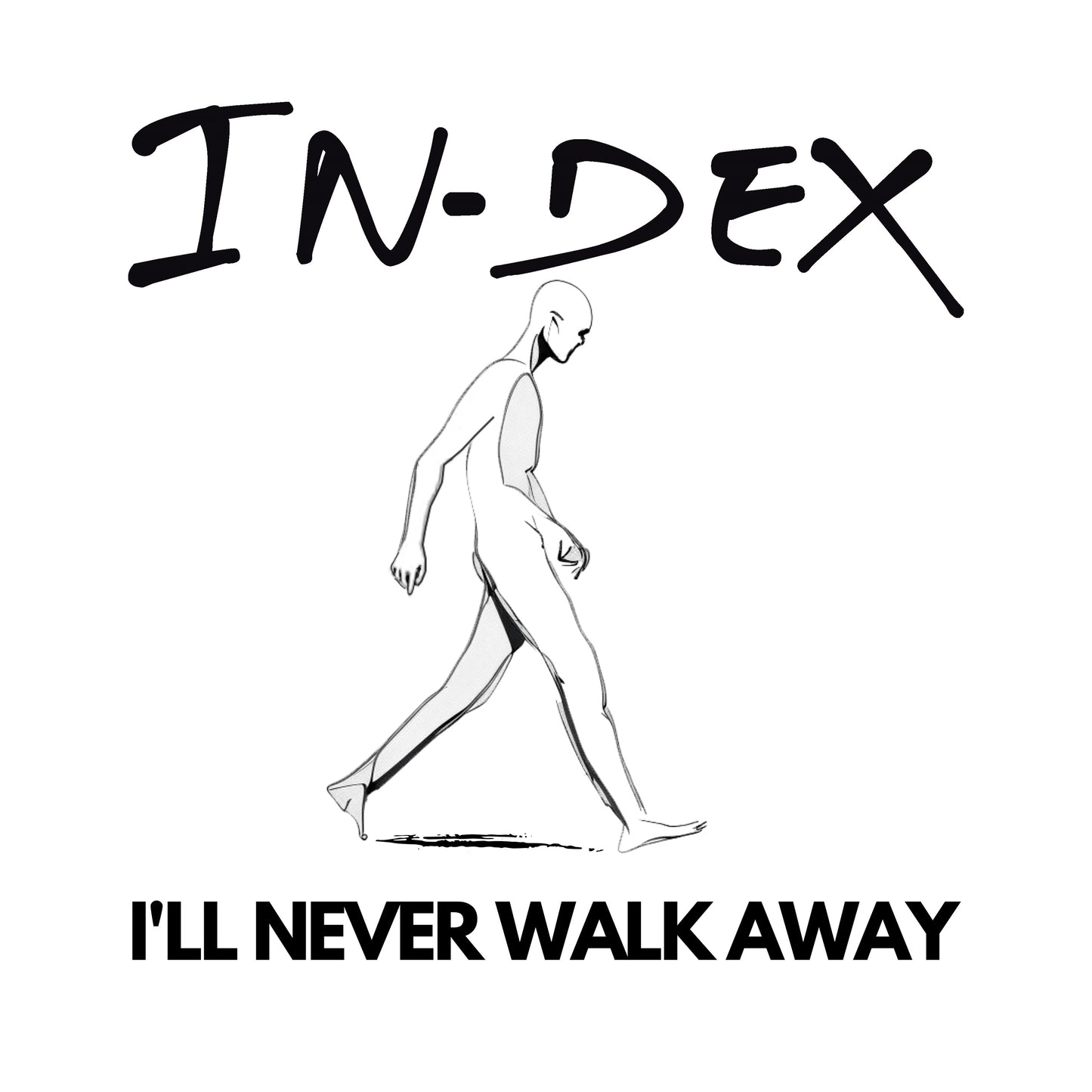 Vinyl record cover with a black and white sketch of a walking figure.