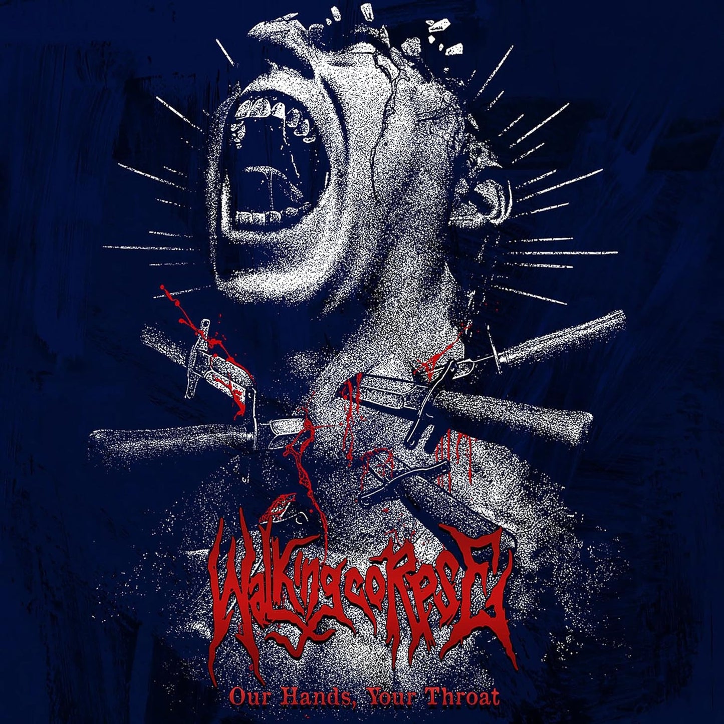 Dark blue CD cover with a screaming face and grasping hands illustration.