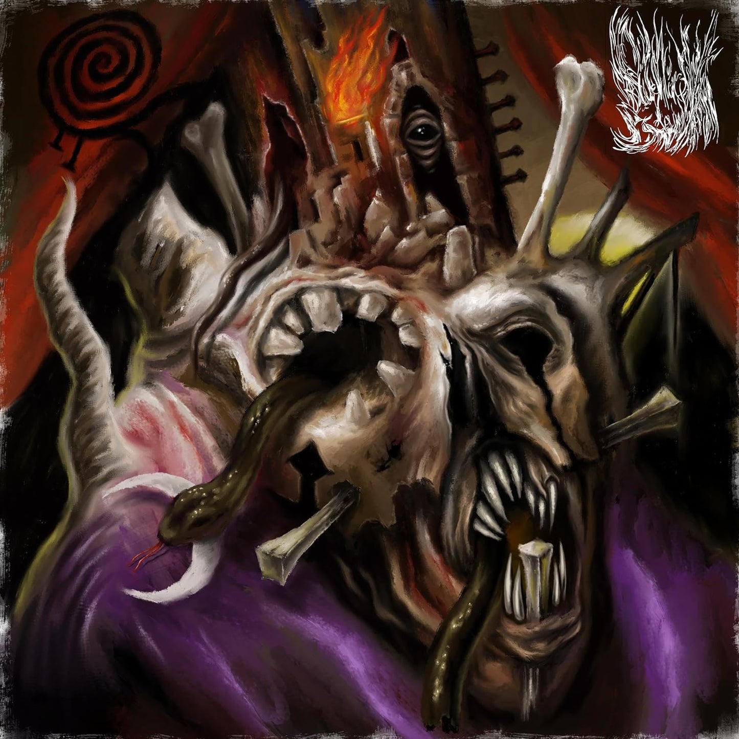 Dark, painted image of a skull with bones, a snake, and a spiral.