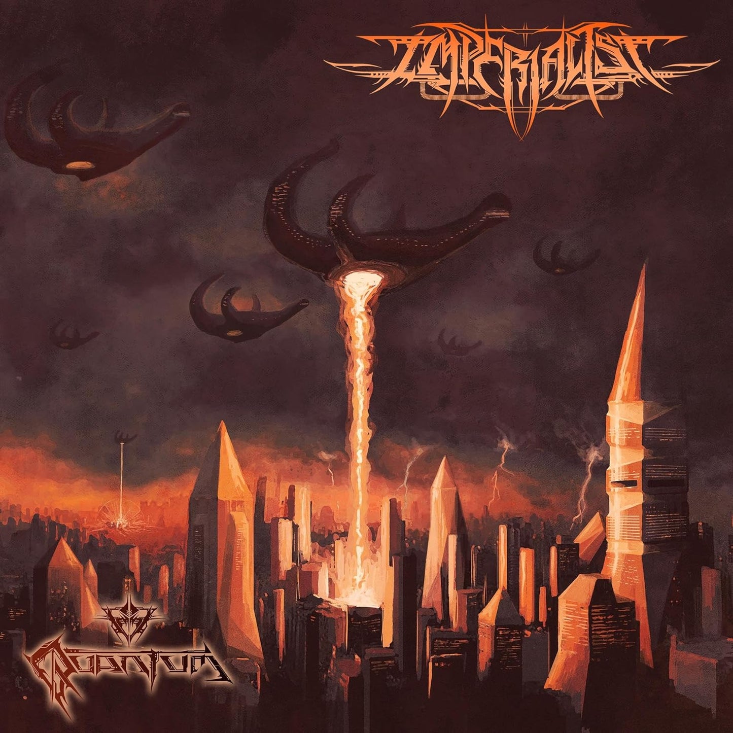 Album cover: dystopian cityscape with ominous flying structures and band logo.