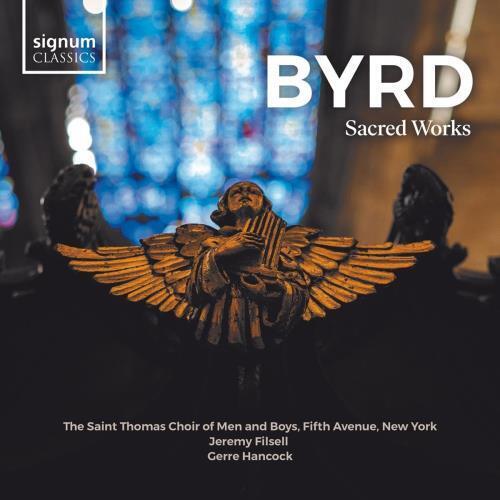 CD cover for “Byrd – Sacred Works” featuring sculpted angel and stained glass.
