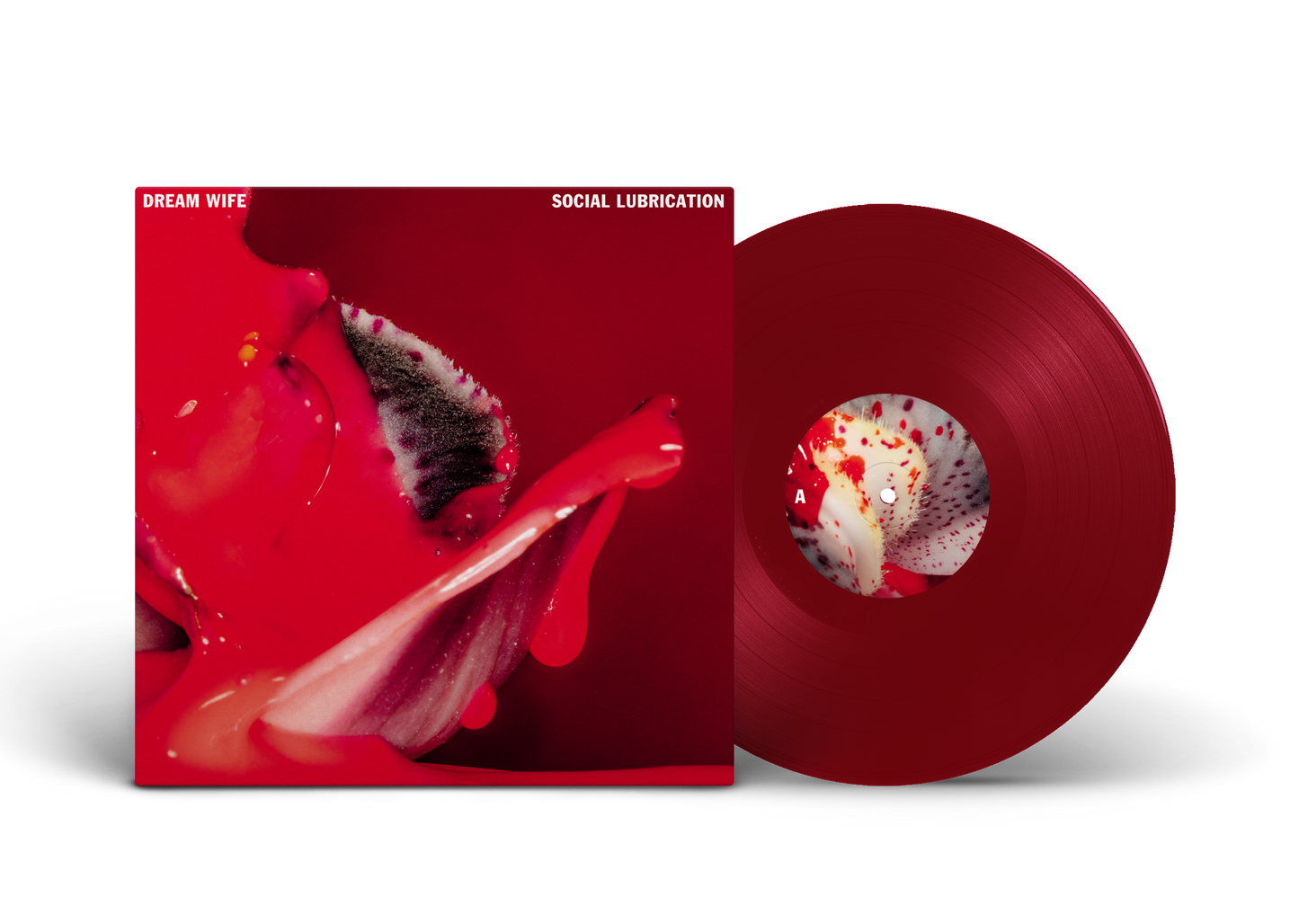 Red vinyl record and album cover with a red flower design.