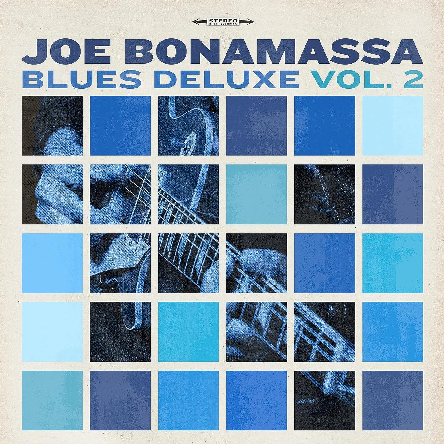 Album cover with blue-toned grid of guitar images and artist name.