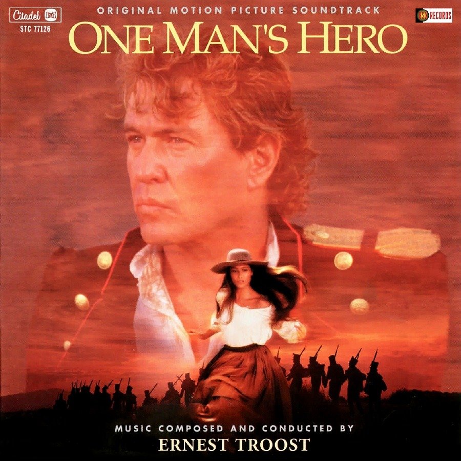 "Album cover with man, woman, and soldiers against a red background."