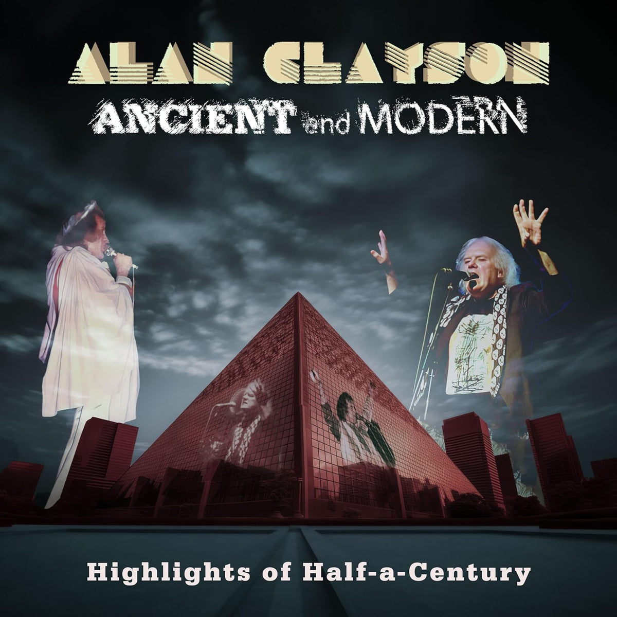 CD cover for Alan Clayson’s “Ancient And Modern Highlights” with figures and pyramids.