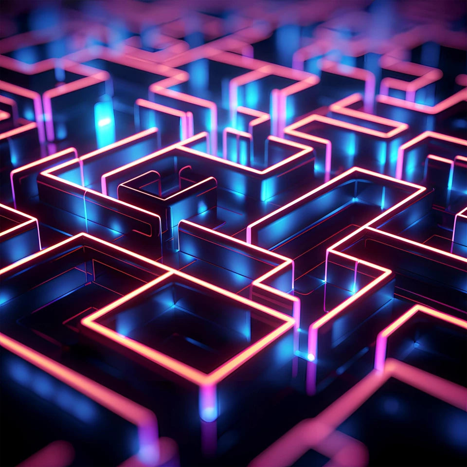 Neon pink and blue abstract maze or circuit board design.