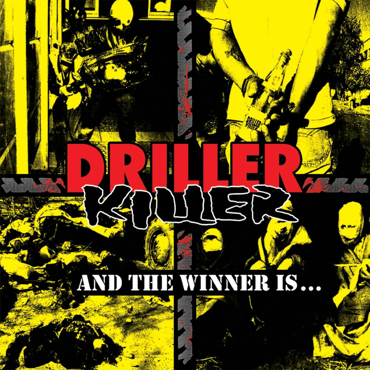 Yellow vinyl record cover with collage of figures and bold red text.