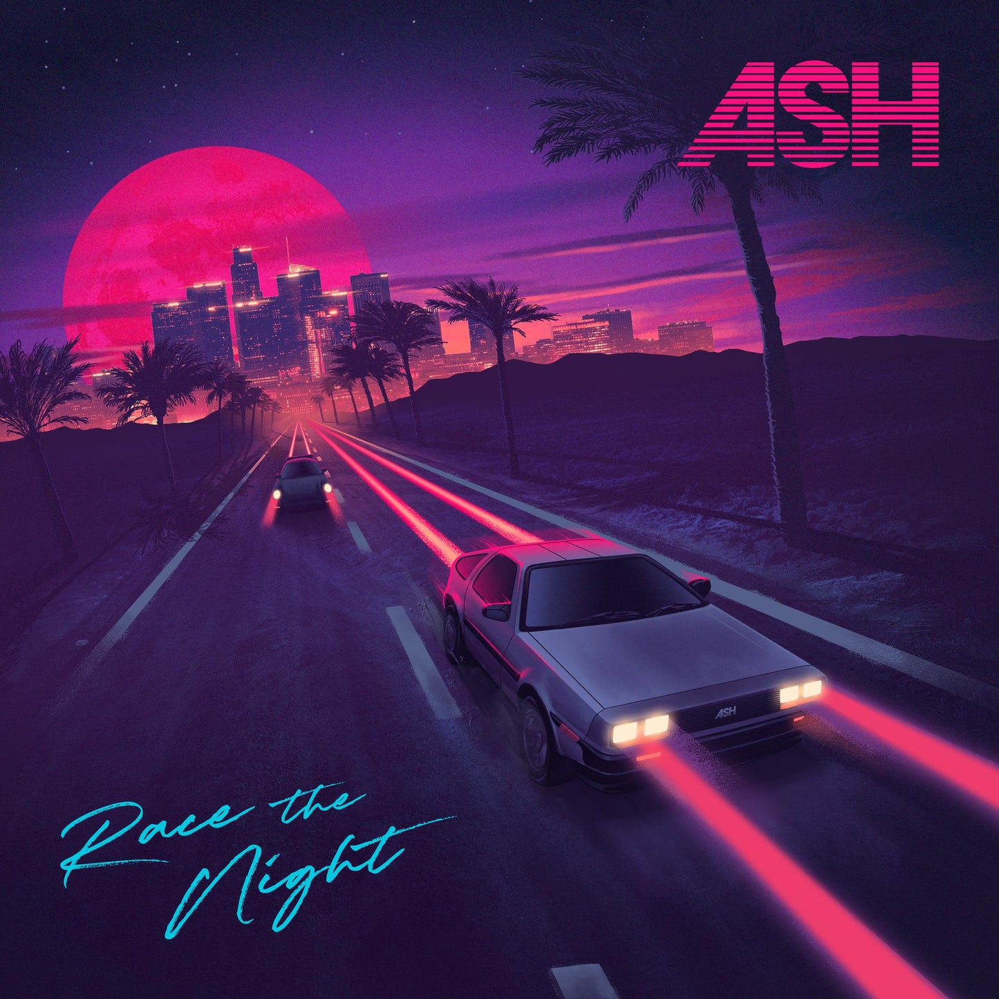 "Album cover art featuring a silver car driving down a road at dusk with cityscape."