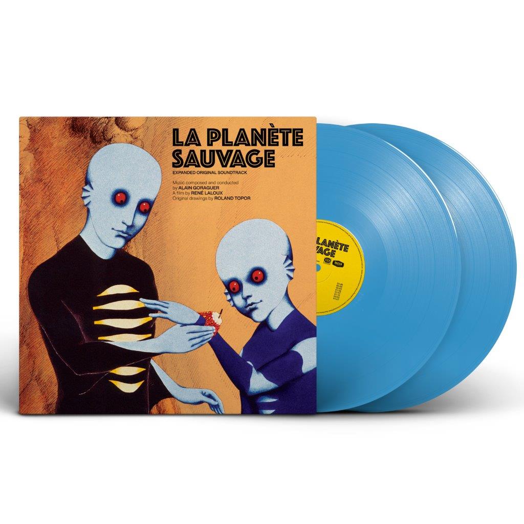 "Double blue vinyl records with orange and brown album cover featuring alien artwork."