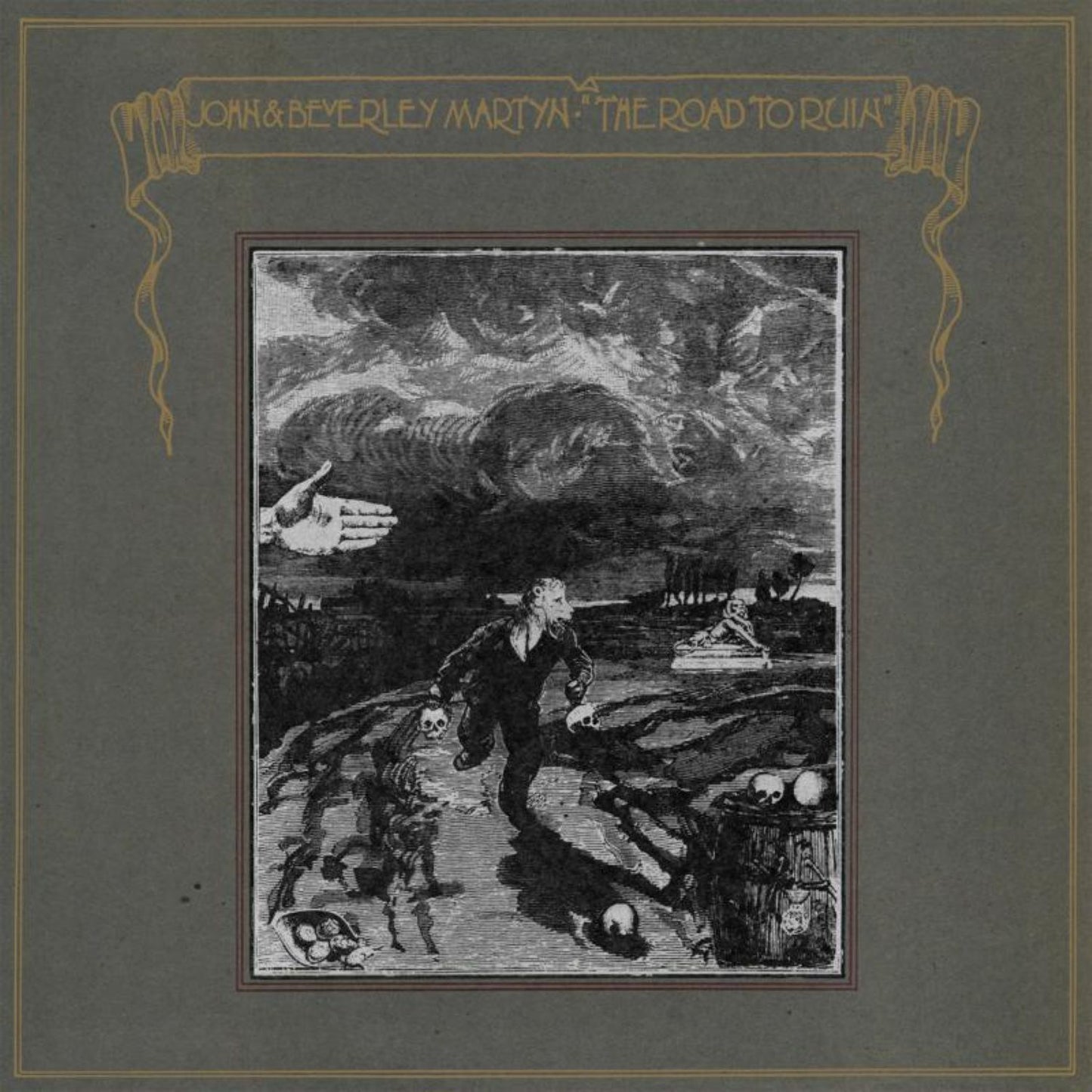 "Album cover with dark illustration of man carrying skulls, surrounded by death and chaos."