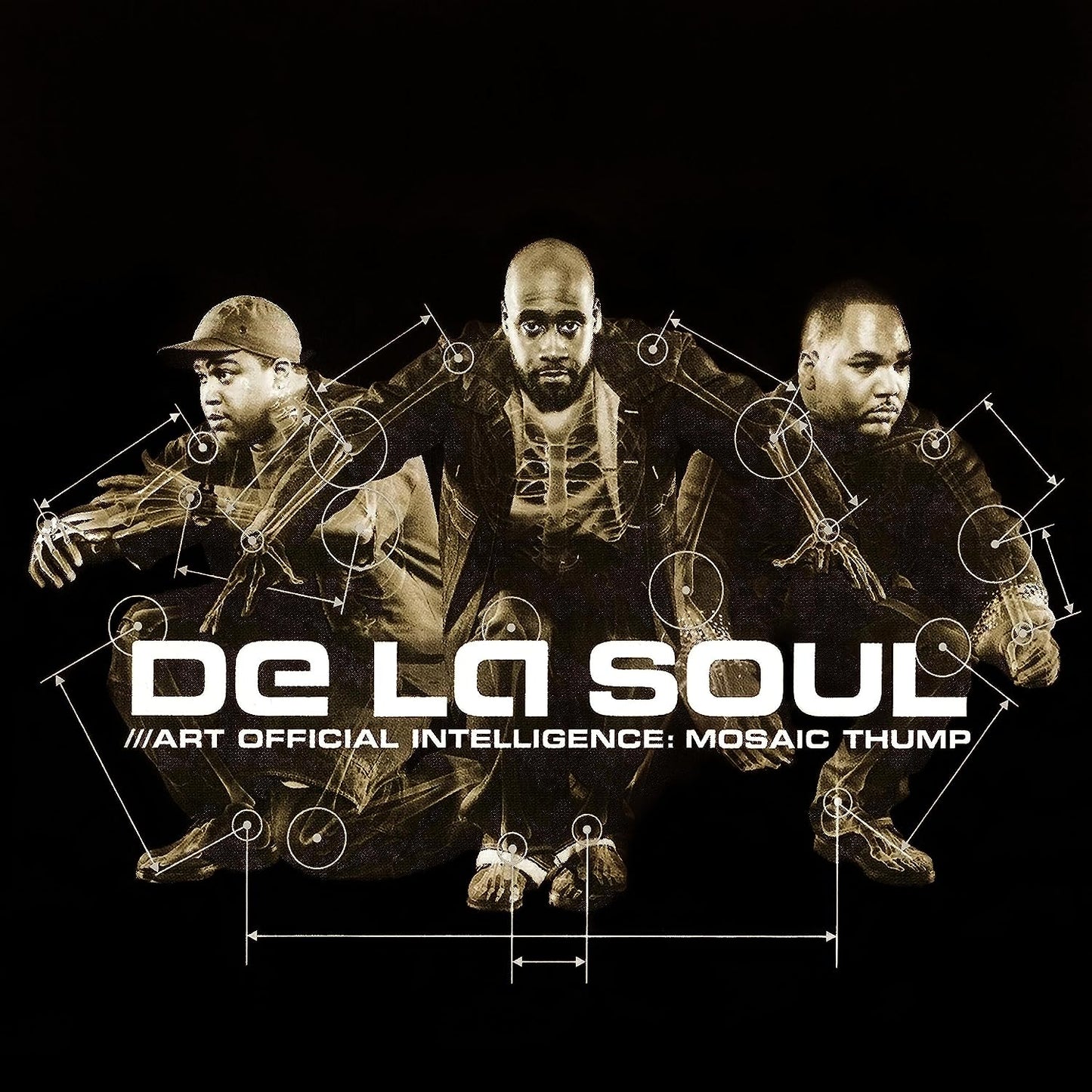 "De La Soul album cover with three men and technical drawing elements on a black background."