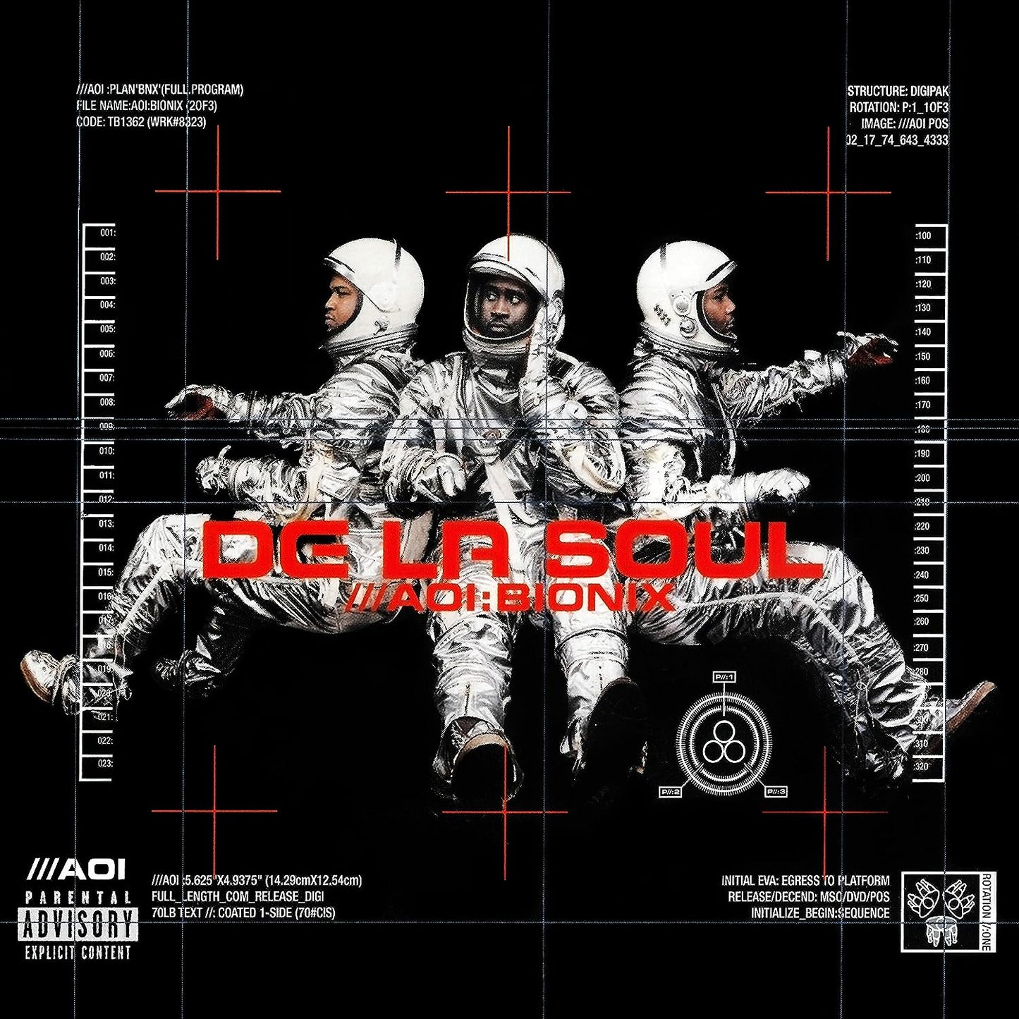 "Album cover with three astronauts and red text 'De La Soul' and 'AOI:Bionix' on a black background."