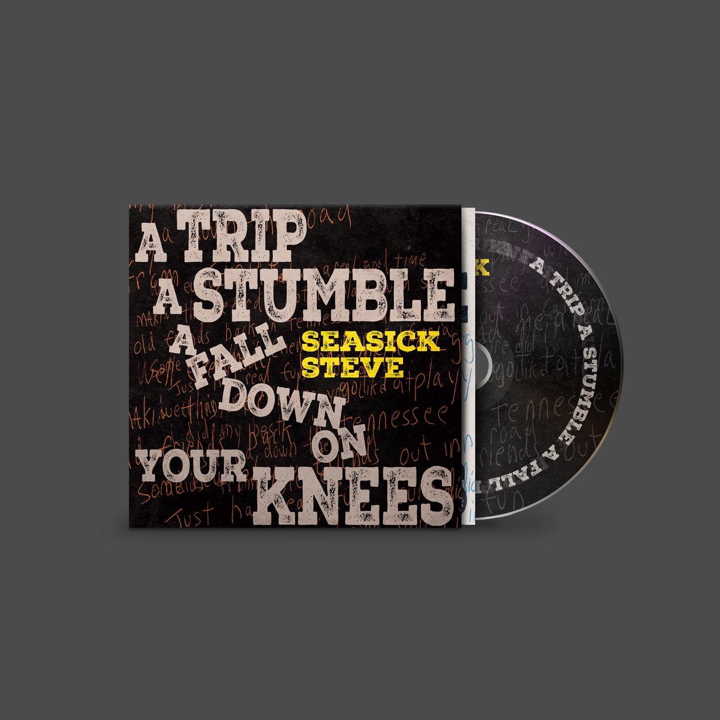 Seasick Steve album cover with large white and yellow text on a black background.