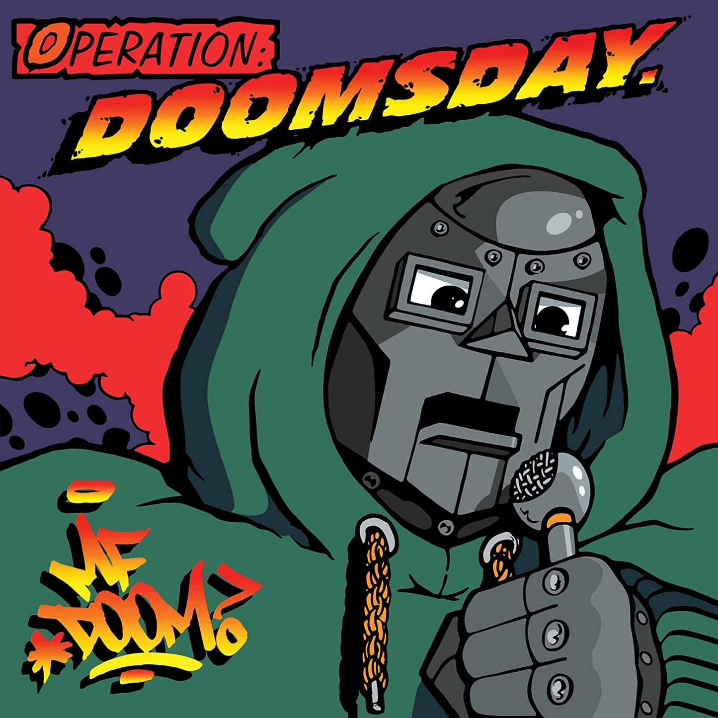 "Album cover featuring cartoon character in a mask and hood, holding a microphone."
