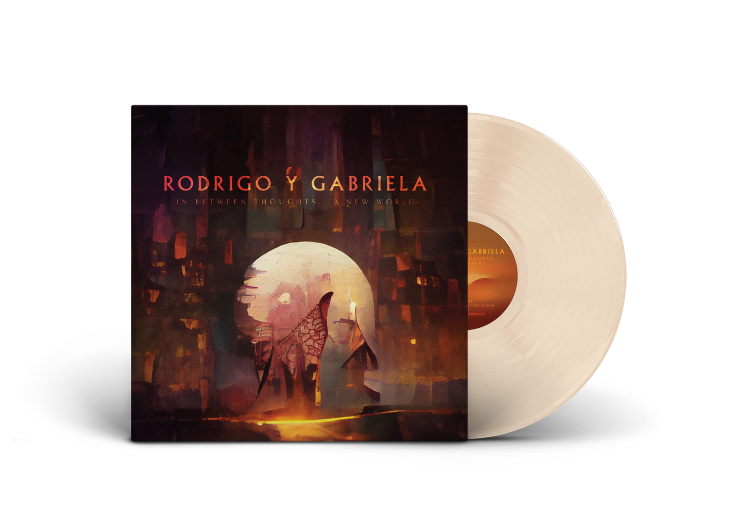 "Vinyl record with beige disc and album cover featuring artwork of a person."