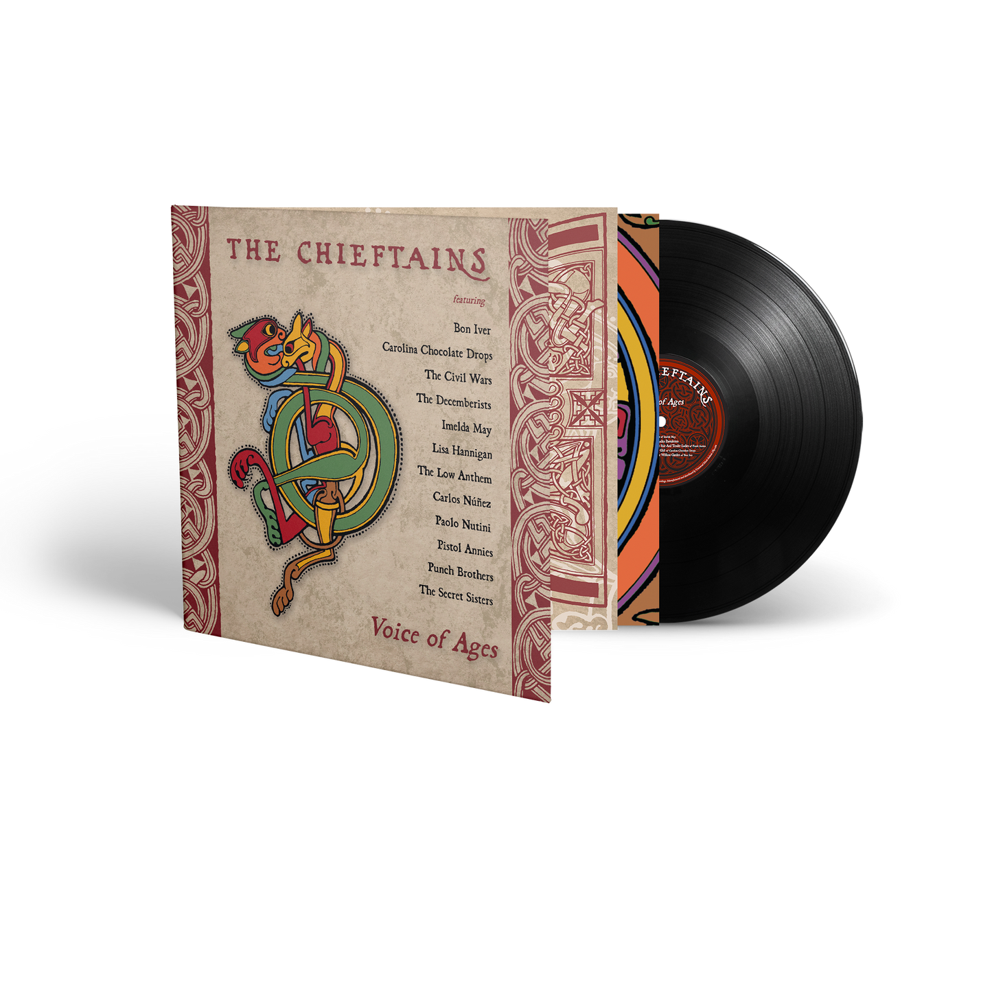 "Vinyl record sleeve with Celtic design and black vinyl partially visible behind."