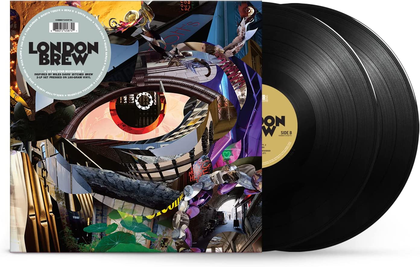 "London Brew" vinyl record album cover with abstract eye design and black vinyl records.