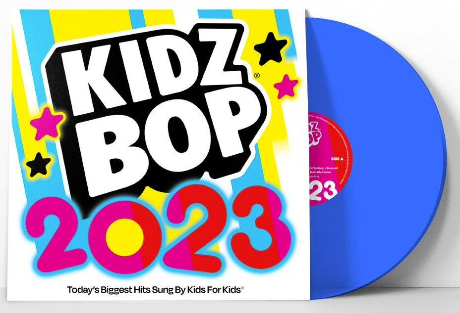 "KIDZ BOP 2023 vinyl record sleeve with blue vinyl record partially visible."