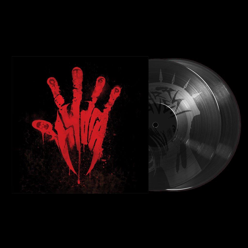 "Black vinyl record with a red handprint on its cover."