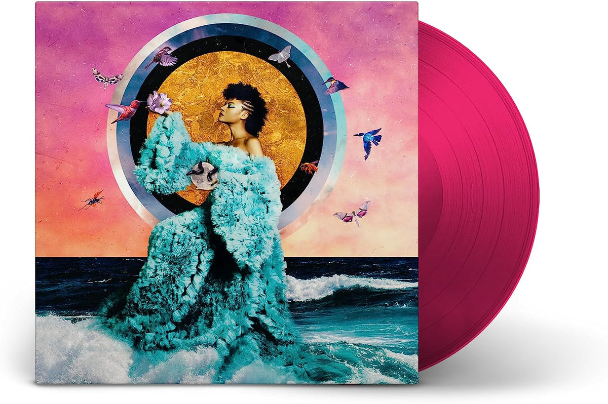 Album cover featuring a woman with afro, surrounded by birds and water.