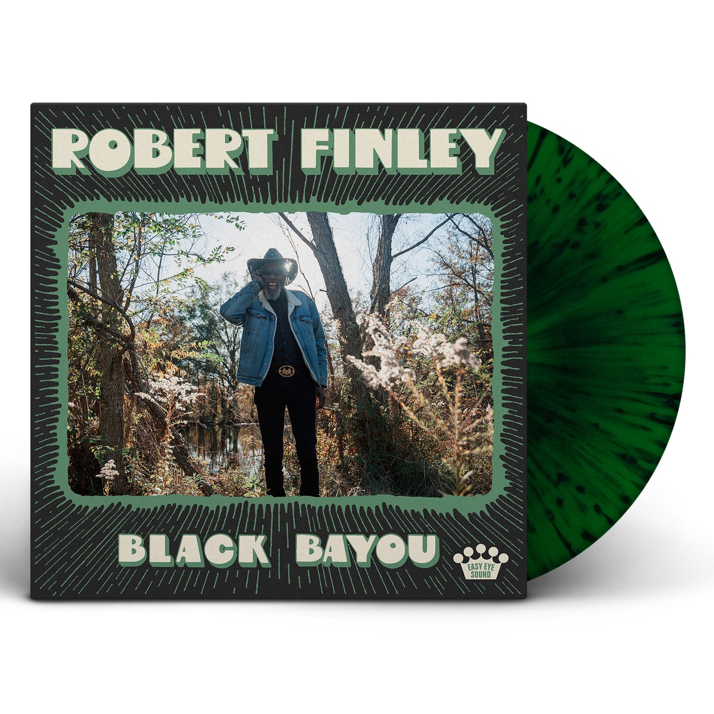 "Vinyl record sleeve with green splatter record, featuring Robert Finley in a forest."