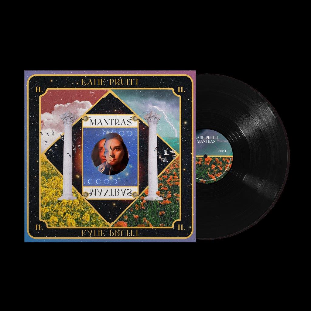 Katie Pruitt's "Mantras" vinyl album cover with a portrait and floral design.