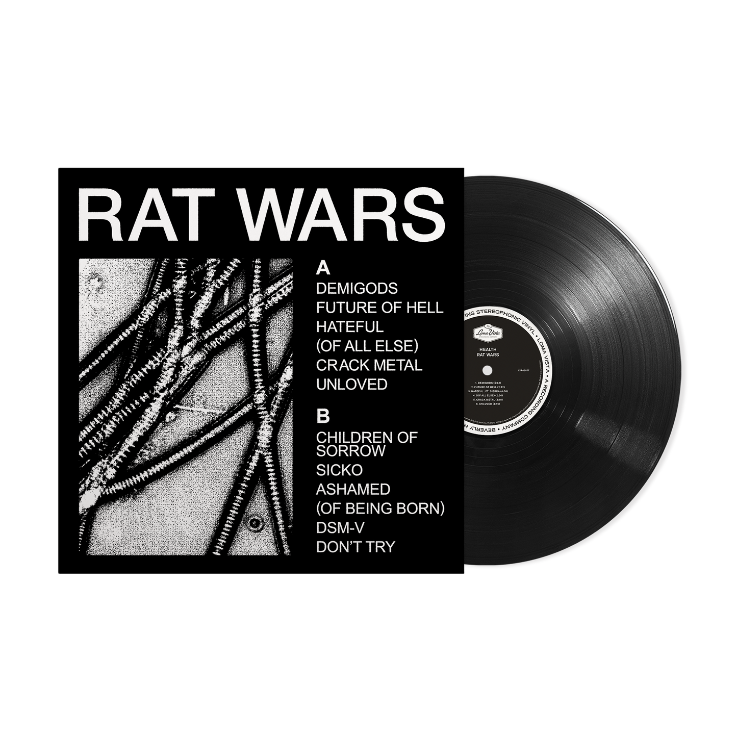 Black vinyl record with white text and abstract rat illustration.