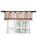 Beige and brown valance with vertical stripes hangs above a window.