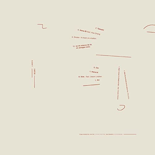 Beige vinyl record cover with red tracklist and abstract lines.