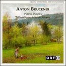 A serene landscape with a person and dog, "Anton Bruckner: Piano Works" CD cover.
