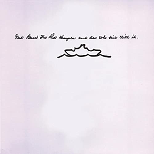 White album cover with black handwritten text and a mountain sketch.
