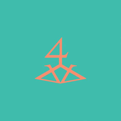 Turquoise background with a stylized, orange abstract geometric design.