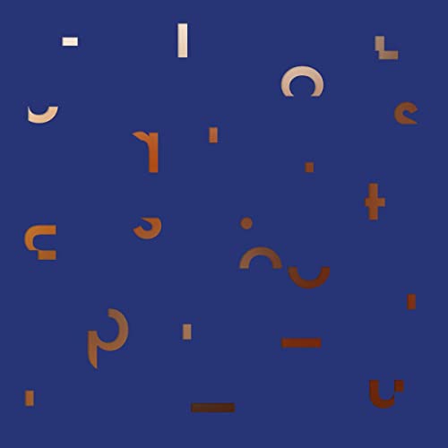 Abstract geometric shapes in brown and white on a dark blue background.