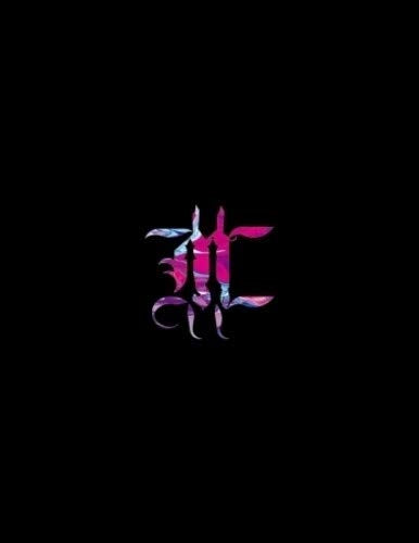 A stylized, pink and purple marbled logo centered on a solid black background.
